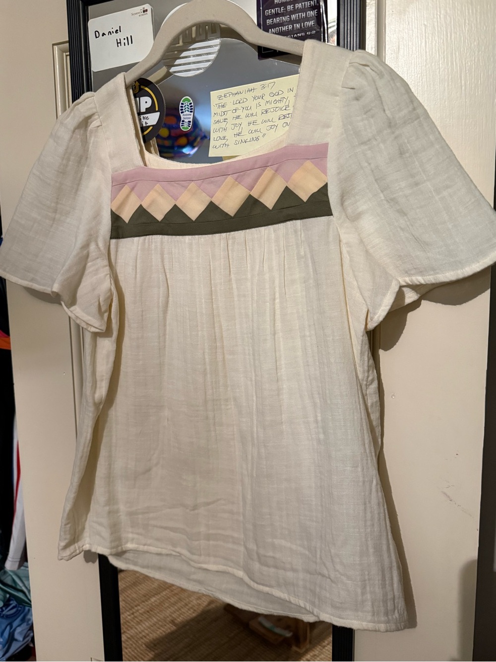 Madewell Cream Blouse with Pink and Olive Trim